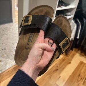 Birkenstock Black and Brown Sandals with Gold Buckle